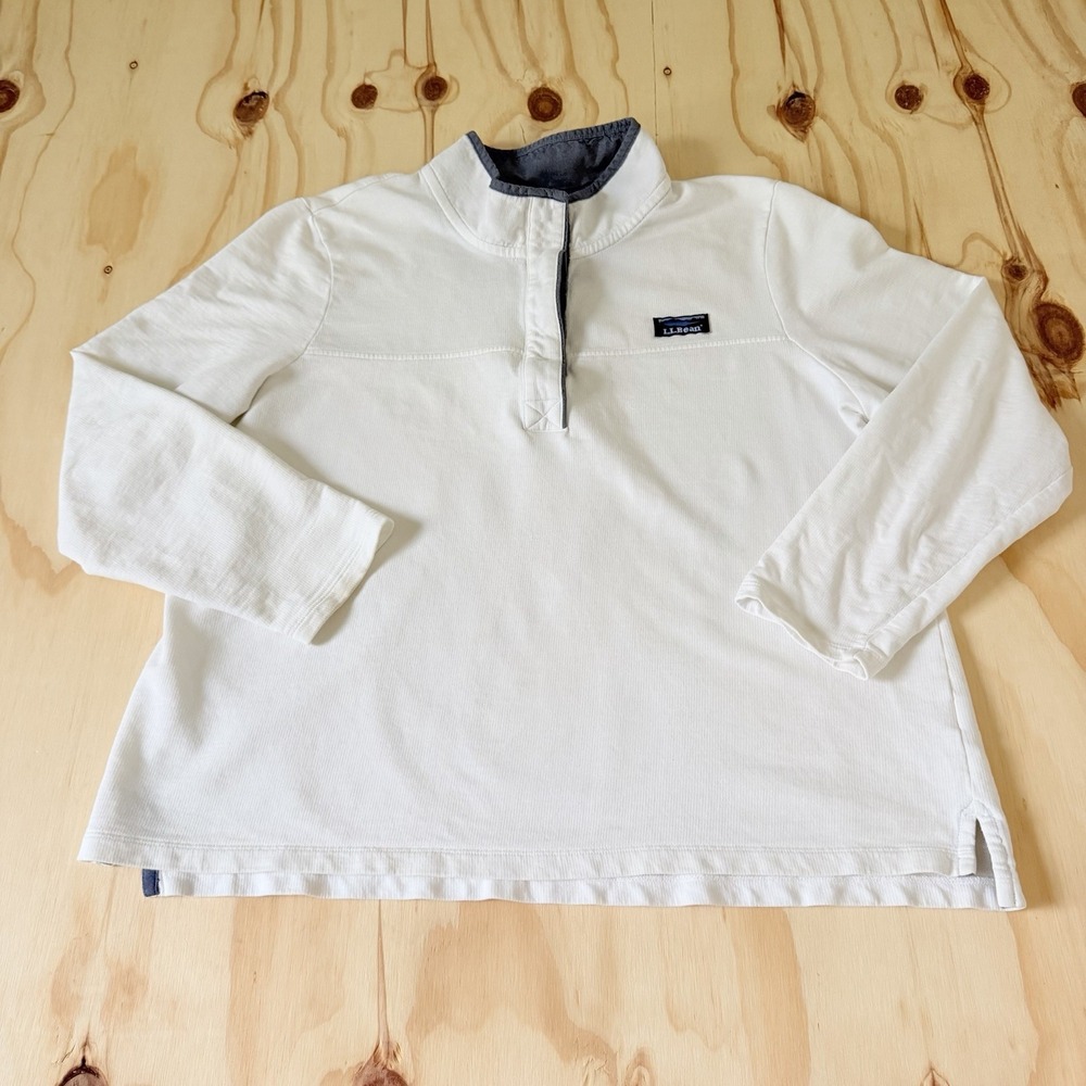 LL Bean Rugby Shirt Women's XL Petite Pullover 1/4 Button Mock Neck White & Blue